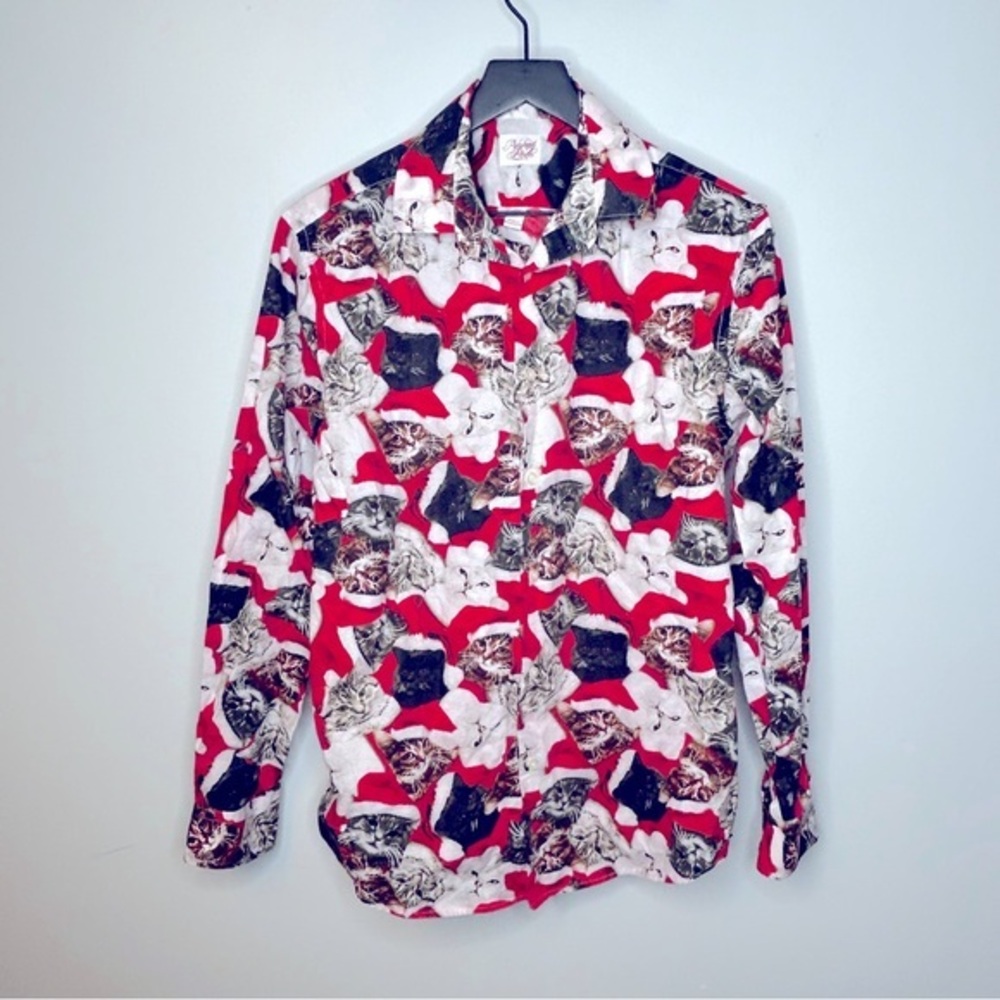 North Pole‎ Santa Cat Christmas Graphic Button Down Collared Shirt Size M